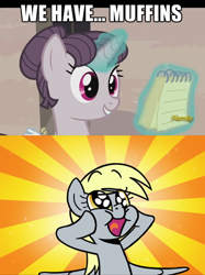 Size: 448x599 | Tagged: safe, artist:zicygomar, edit, screencap, derpy hooves, sugar belle, pegasus, pony, the cutie map, discovery family logo, female, glow, happy, image macro, magic, mare, meme, notepad, reaction image, squishy cheeks, sunburst background, this will end in colic, this will end in disappointment