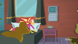 Size: 1920x1080 | Tagged: safe, screencap, sunset shimmer, eqg summertime shorts, equestria girls, monday blues, barefoot, bed, feet, solo, sunset's apartment