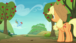 Size: 1920x1080 | Tagged: safe, derpibooru import, screencap, applejack, rainbow dash, earth pony, pegasus, pony, grannies gone wild, apple tree, tree