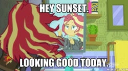 Size: 600x335 | Tagged: safe, sunset shimmer, eqg summertime shorts, equestria girls, monday blues, image macro, meme, sunset's apartment