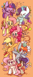 Size: 1000x2300 | Tagged: safe, artist:joycall6, derpibooru import, apple bloom, applejack, fluttershy, pinkie pie, princess celestia, princess luna, rainbow dash, rarity, twilight sparkle, twilight sparkle (alicorn), alicorn, earth pony, pegasus, pony, unicorn, ><, eyes closed, female, mane six, mare