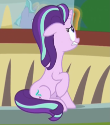 Size: 1241x1418 | Tagged: safe, screencap, firelight, starlight glimmer, pony, unicorn, the parent map, cropped, female, floppy ears, fountain, hiding, mare, raised hoof, sitting, solo