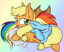 Size: 1024x835 | Tagged: safe, artist:pvrii, derpibooru import, applejack, rainbow dash, earth pony, pegasus, pony, accessory swap, appledash, female, lesbian, pillow, prone, shipping, sleeping, smiling