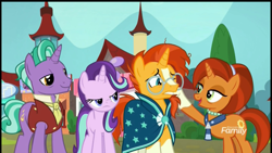 Size: 2560x1440 | Tagged: safe, screencap, firelight, starlight glimmer, stellar flare, sunburst, pony, unicorn, the parent map, father and child, father and daughter, female, glasses, male, mare, mother and child, mother and son, parent and child, stallion