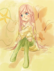 Size: 2270x2968 | Tagged: safe, artist:chingilin, fluttershy, human, clothes, humanized, sitting, socks, solo, stockings, sweater, sweatershy