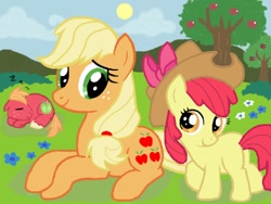 Size: 640x480 | Tagged: safe, artist:imo, apple bloom, applejack, big macintosh, earth pony, pony, accessory swap, male, pixiv, stallion