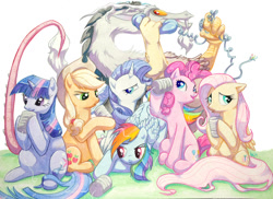 Size: 1000x727 | Tagged: safe, artist:mommashy, derpibooru import, applejack, discord, fluttershy, pinkie pie, rainbow dash, rarity, twilight sparkle, earth pony, pegasus, pony, unicorn, colored pencil drawing, mane six, mixed media, telephone, tin can, traditional art, watercolor painting