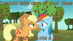 Size: 1920x1080 | Tagged: safe, derpibooru import, edit, edited screencap, screencap, applejack, rainbow dash, earth pony, pegasus, pony, grannies gone wild, apple tree, appledash, bribery, caption, female, image macro, imminent kissing, lesbian, meme, one sided shipping, out of context, shipping, tree