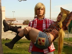 Size: 740x555 | Tagged: safe, artist:deniisseh, applejack, big macintosh, human, carrying, cosplay, irl, irl human, photo