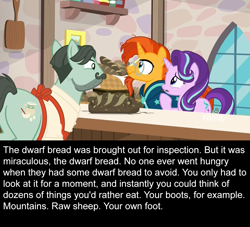 Size: 1280x1164 | Tagged: safe, edit, edited screencap, screencap, cracked wheat, starlight glimmer, sunburst, earth pony, pony, unicorn, the parent map, :s, ancient pony grain bread, apron, baker, bakery, beard, bread, caption, clothes, discovery family logo, discworld, dwarf bread, facial hair, female, food, male, mare, moustache, quote, sire's hollow, stallion, text, wall of text, wavy mouth