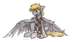 Size: 1126x657 | Tagged: safe, artist:kenket, derpy hooves, pegasus, pony, clothes, female, large wings, mare, scarf, sitting, solo, traditional art