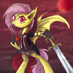 Size: 500x500 | Tagged: safe, artist:isa-isa-chan, fluttershy, bat pony, pony, bats!, badass, bipedal, clothes, flutterbadass, flutterbat, race swap, solo, sword, weapon