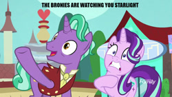 Size: 1280x720 | Tagged: safe, edit, edited screencap, screencap, firelight, starlight glimmer, pony, unicorn, the parent map, duo, father and child, father and daughter, female, looking at you, male, mare, meme, parent and child, raised hoof, shocked, stallion, text
