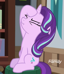 Size: 876x1013 | Tagged: safe, screencap, starlight glimmer, pony, unicorn, the parent map, cropped, eyes closed, facehoof, female, floppy ears, mare, scrunchy face, sire's hollow, sitting, solo