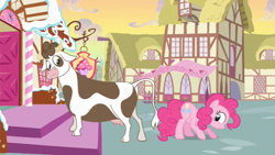 Size: 853x480 | Tagged: safe, screencap, daisy jo, pinkie pie, cow, earth pony, pony, a friend in deed, cloven hooves, female, mare, out of context, udder