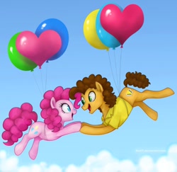 Size: 906x882 | Tagged: safe, artist:mn27, cheese sandwich, pinkie pie, earth pony, pony, pinkie pride, balloon, cheesepie, eye contact, female, floating, holding hooves, male, open mouth, shipping, sky, smiling, straight, then watch her balloons lift her up to the sky