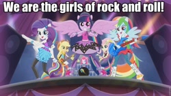 Size: 960x540 | Tagged: safe, derpibooru import, applejack, fluttershy, pinkie pie, rainbow dash, rarity, twilight sparkle, twilight sparkle (alicorn), alicorn, equestria girls, perfect day for fun, rainbow rocks, image macro, meme, ponied up, song reference, the chipmunk adventure, the rainbooms