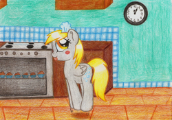 Size: 800x561 | Tagged: safe, artist:nunitko, derpy hooves, pegasus, pony, blushing, female, jumping, kitchen, mare, muffin, solo, tongue out, traditional art