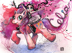 Size: 800x589 | Tagged: safe, artist:lindzaywhimzay, pinkie pie, equestria girls, ponies riding ponies, riding, traditional art