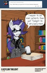 Size: 767x1195 | Tagged: safe, artist:dreamingnoctis, rarity, pony, unicorn, ask asylum twilight, asylum, book, folder, glasses, solo, tumblr, unshorn fetlocks