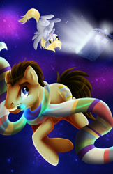 Size: 400x618 | Tagged: safe, artist:karzii, derpy hooves, doctor whooves, pegasus, pony, clothes, female, mare, mouth hold, scarf, sonic screwdriver, space, tardis