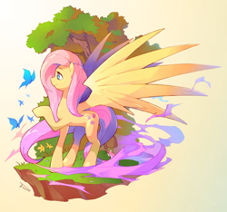 Size: 2000x1873 | Tagged: safe, artist:tomycase, fluttershy, butterfly, pegasus, pony, cute, dirt cube, female, gradient background, impossibly large wings, large wings, mare, raised hoof, shyabetes, smiling, solo, spread wings, tree, wings