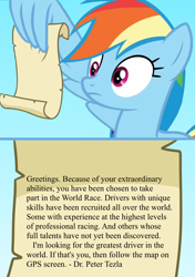 Size: 1140x1616 | Tagged: safe, artist:saphire-systrine, derpibooru import, rainbow dash, pegasus, pony, grannies gone wild, exploitable meme, hot wheels, hot wheels highway 35: world race, meme, rainbow dash reading a scroll, wing hands