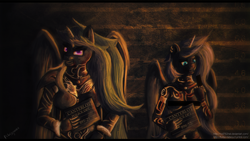 Size: 1920x1080 | Tagged: safe, princess celestia, princess luna, anthro, evil, looking at you