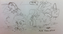 Size: 1268x691 | Tagged: safe, artist:sketchyjackie, princess celestia, princess luna, alicorn, pony, filly, monochrome, sketch, traditional art, woona