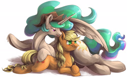 Size: 1935x1194 | Tagged: safe, artist:audrarius, applejack, princess celestia, alicorn, earth pony, pony, accessory swap, alternate hairstyle, applelestia, bedroom eyes, blushing, cowboy hat, ear bite, female, fluffy, freckles, frown, hat, lesbian, licking, mare, missing accessory, prone, shipping, smiling, spread wings, stetson, sweat, tongue out, wide eyes