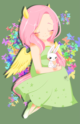 Size: 967x1502 | Tagged: safe, artist:snow angel, angel bunny, fluttershy, human, clothes, cute, dress, eared humanization, humanized, light skin, pixiv, shoes, solo, winged humanization