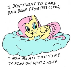 Size: 643x608 | Tagged: safe, artist:closer-to-the-sun, fluttershy, pegasus, pony, bush, cloud, lyrics, solo