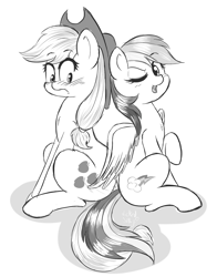 Size: 1280x1634 | Tagged: safe, artist:wickedsilly, derpibooru import, applejack, rainbow dash, earth pony, pegasus, pony, appledash, blushing, butt touch, feathermarking, female, lesbian, monochrome, never doubt tchernobog's involvement, shipping