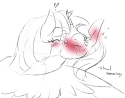 Size: 762x598 | Tagged: safe, artist:pocketyhat, sunset shimmer, twilight sparkle, twilight sparkle (alicorn), alicorn, pony, blushing, blushing profusely, eyes closed, female, heart, kissing, lesbian, shipping, sunsetsparkle, surprise kiss