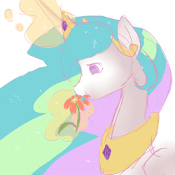 Size: 1000x1000 | Tagged: safe, artist:fikakorv, princess celestia, alicorn, pony, :t, cute, cutelestia, eating, flower, herbivore, horses doing horse things, magic, nom, smiling, solo, telekinesis