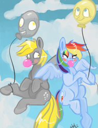 Size: 889x1164 | Tagged: safe, artist:lavendire, derpy hooves, rainbow dash, pegasus, pony, balloon, bubblegum, cloud, cloudy, duo, female, sky