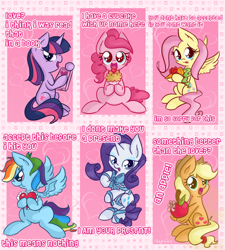 Size: 900x1000 | Tagged: safe, artist:anggrc, derpibooru import, applejack, fluttershy, pinkie pie, rainbow dash, rarity, twilight sparkle, earth pony, pegasus, pony, unicorn, blushing, book, carrot, cupcake, cute, dashabetes, diapinkes, engrish, gift wrapped, grammar error, heart, hearts and hooves day, holiday, jackabetes, mane six, raribetes, ribbon, scrunchy face, shyabetes, that pony sure does love apples, tsunderainbow, tsundere, twiabetes, valentine, valentine's day, valentine's day card