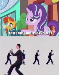 Size: 662x839 | Tagged: safe, edit, edited screencap, screencap, starlight glimmer, sunburst, pony, unicorn, the parent map, david byrne, once in a lifetime, song reference, talking heads