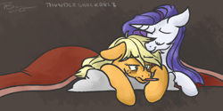 Size: 1000x500 | Tagged: safe, artist:thundershock0823, applejack, rarity, earth pony, pony, unicorn, blanket, female, lesbian, loose hair, rarijack, shipping, sick, thermometer