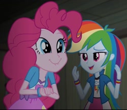 Size: 732x636 | Tagged: safe, derpibooru import, screencap, pinkie pie, rainbow dash, equestria girls, rainbow rocks, lip bite, out of context, squee