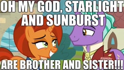 Size: 1920x1080 | Tagged: safe, edit, edited screencap, screencap, firelight, starlight glimmer, stellar flare, sunburst, pony, unicorn, the parent map, blatant lies, critical research failure, dad, false, image macro, meme, mom, op is a cuck, parent, stellarlight, telling lies, text