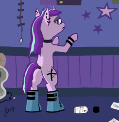 Size: 677x692 | Tagged: safe, artist:fang, derpibooru exclusive, starlight glimmer, unicorn, the parent map, alternate hairstyle, armband, boots, choker, cool s, edgelight glimmer, electric guitar, eyeshadow, female, glimmer goth, goth, guitar, guitar pick, loss (meme), makeup, mare, piercing, s symbol, shoes, skull, solo, spray paint, tail wrap, teenage glimmer, teenager, that was fast, younger