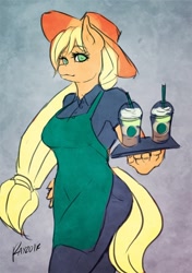 Size: 500x710 | Tagged: safe, artist:rayzor-sharp, applejack, anthro, 30 minute art challenge, apron, clothes, solo, starbucks, waitress, working