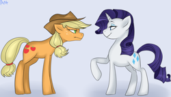 Size: 1024x582 | Tagged: safe, artist:theantsden, applejack, rarity, earth pony, pony, unicorn, female, lesbian, rarijack, shipping