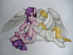 Size: 3072x2304 | Tagged: safe, artist:majeczkaslasher, derpy hooves, sugar belle, pegasus, pony, the cutie map, female, hug, mare, spread wings, traditional art, underhoof