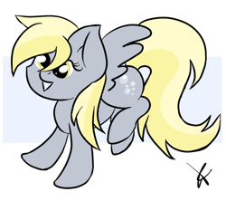 Size: 635x564 | Tagged: safe, artist:lunartails, derpy hooves, pegasus, pony, :>, cute, female, mare, open mouth, raised leg, simple background, smiling, solo, spread wings, white background