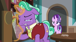 Size: 1920x1080 | Tagged: safe, screencap, firelight, starlight glimmer, pony, unicorn, the parent map, chalkboard, clothes, crying, discovery family logo, eyes closed, levitation, magic, sad, sire's hollow, telekinesis