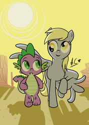 Size: 1700x2400 | Tagged: safe, artist:iamallyballybee, derpy hooves, spike, dragon, pegasus, pony, derpyspike, desert, fanfic art, fanfic cover, female, injured, male, mare, shipping, straight