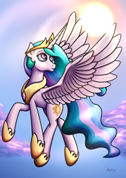 Size: 3682x5208 | Tagged: safe, artist:brainedbysaucepans, princess celestia, alicorn, pony, crown, female, horn, mare, multicolored mane, multicolored tail, solo, white coat, white wings, wings