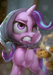 Size: 850x1200 | Tagged: safe, artist:assasinmonkey, starlight glimmer, pony, unicorn, the parent map, blanket, blankie, clothes, cookie, female, food, headscarf, mare, scarf, solo